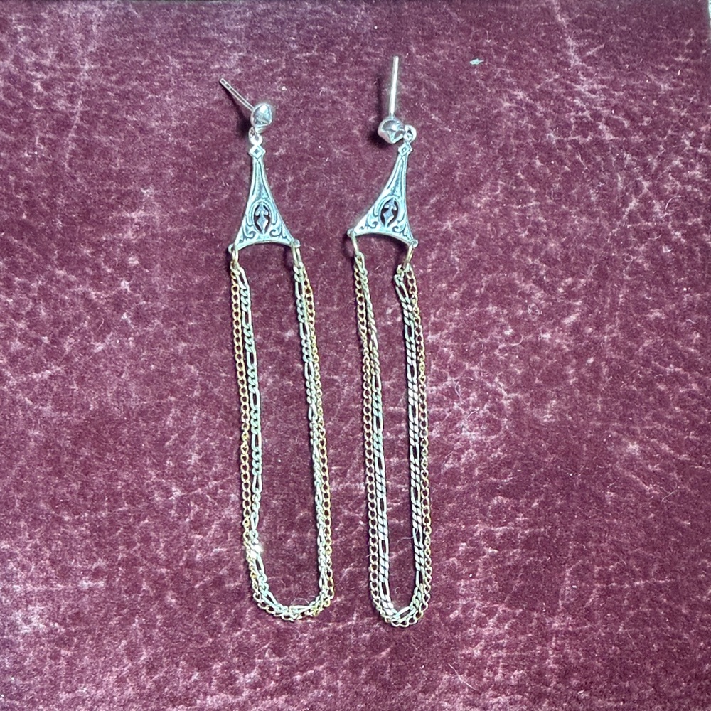 Vintage 925 Art Deco Inspired Earrings 2 Tone Chain Drop Delicate Feminine